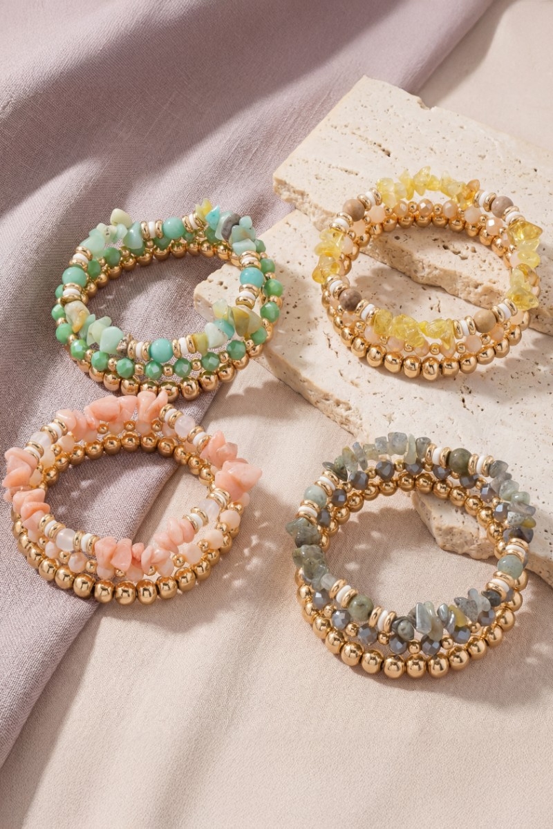 Chip Stones And Metallic Beaded Bracelet Set