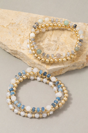 Stone, Pearl & Gold Ball Beaded Stretch Bracelet Set