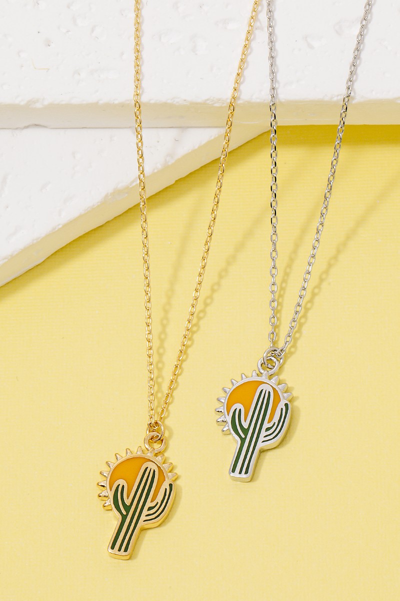 Gold Dipped Enamel Sunrise Cactus Pendant Necklace
