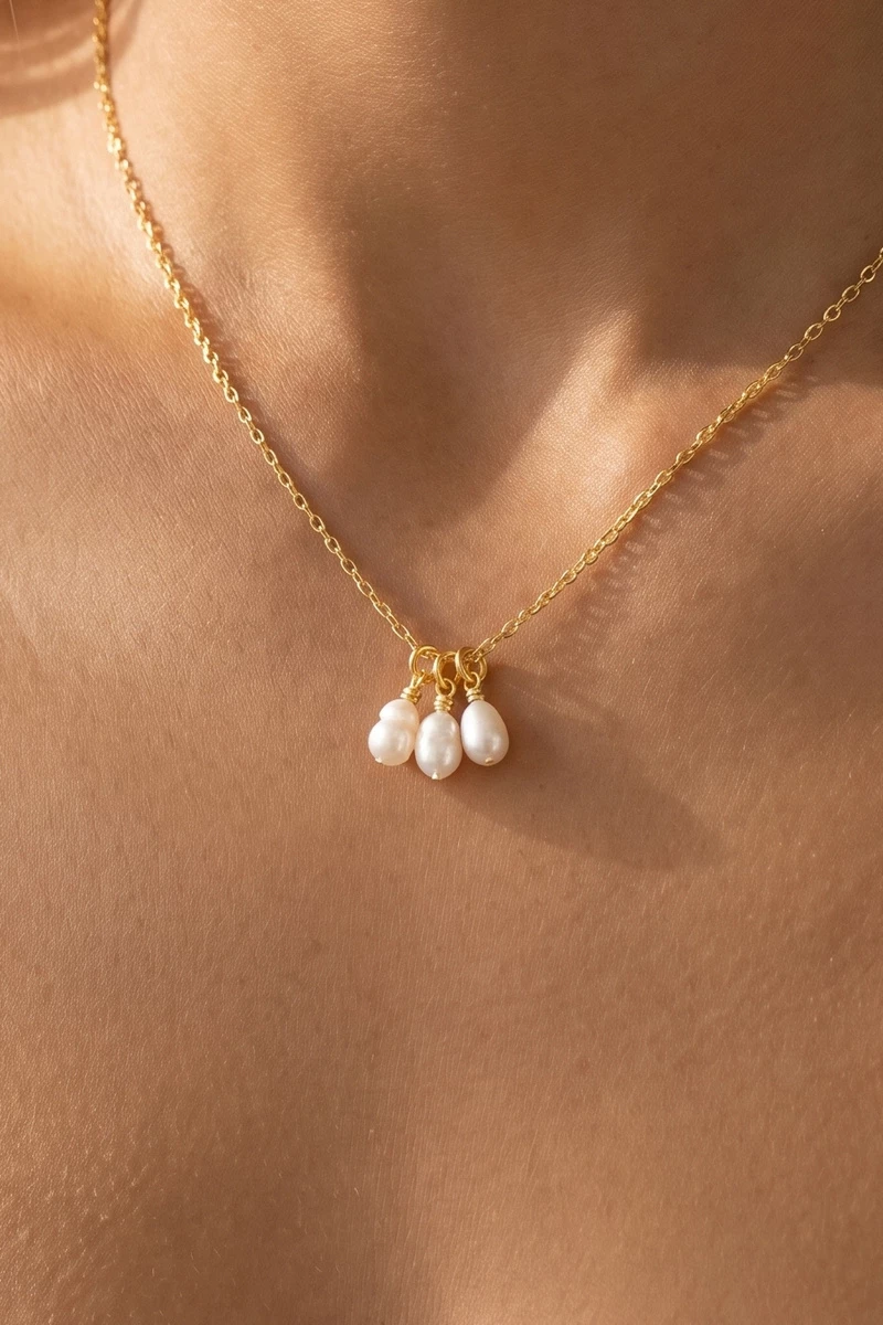 18K Gold Dipped Triple Pearl Charm Necklace