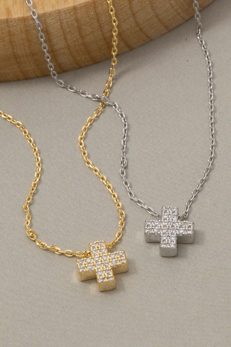 Gold Dipped Cz Pave Cross Pendant Necklace