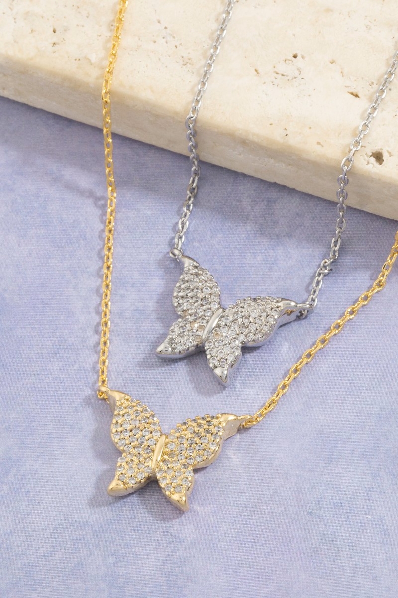 Gold Dipped Pave Butterfly Pendant Necklace