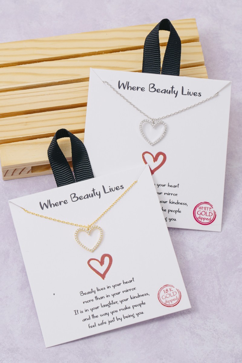 Gold Dipped Outline Cz Pave Heart Pendant Necklace