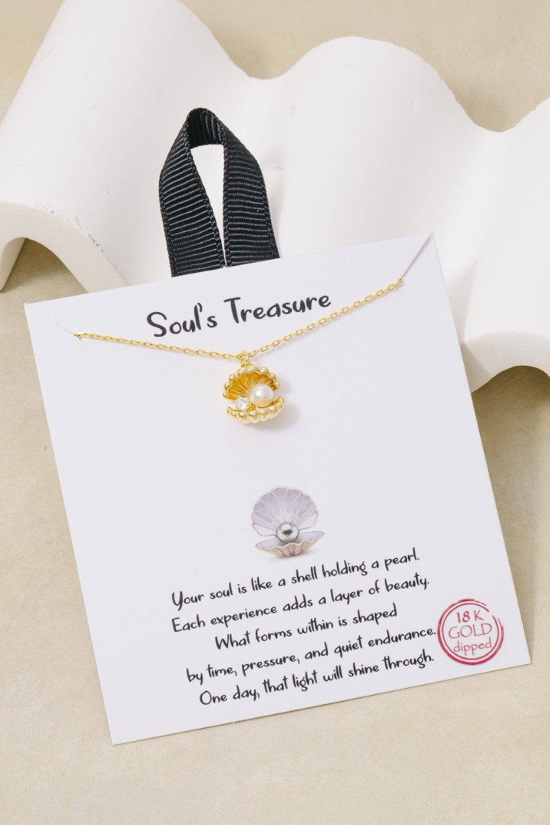 Gold Dipped Cz And Pearl Clam Shell Pendant Necklace