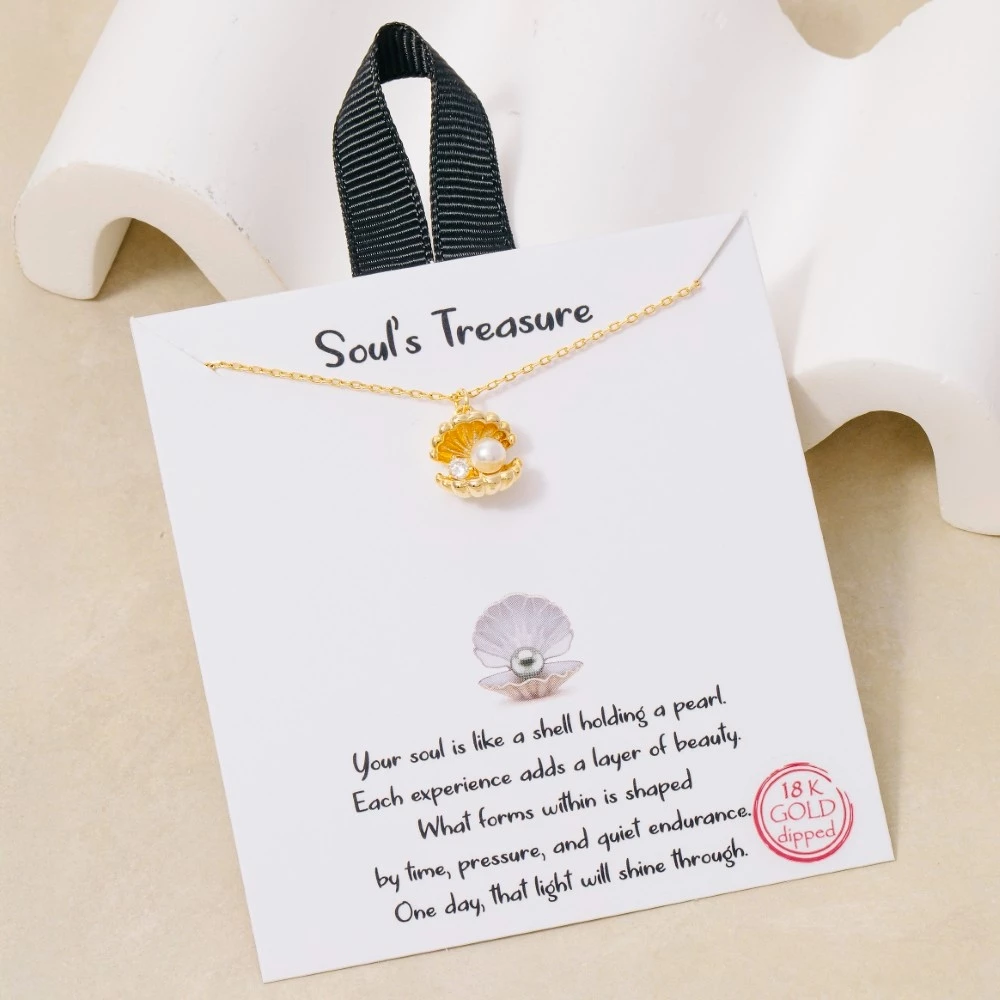 Gold Dipped Cz And Pearl Clam Shell Pendant Necklace