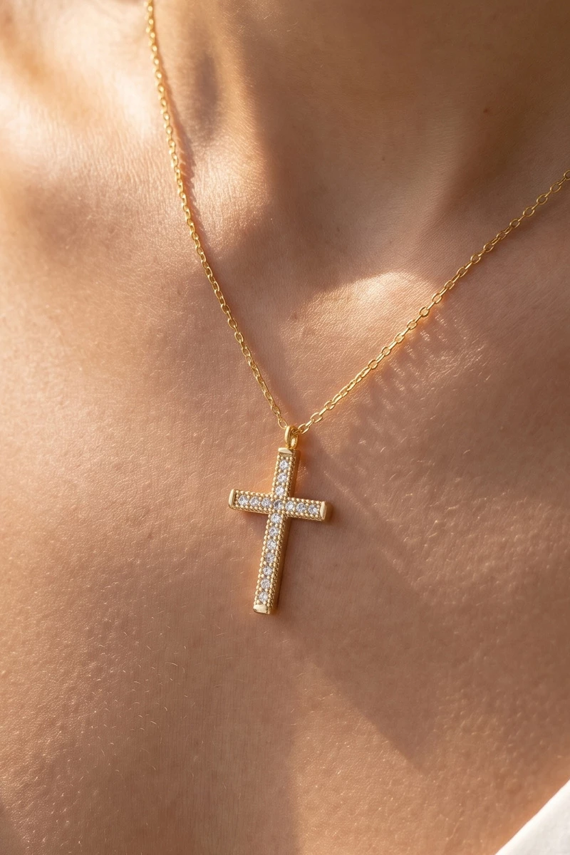 18K Gold Dipped Cz Cross Pendant Necklace