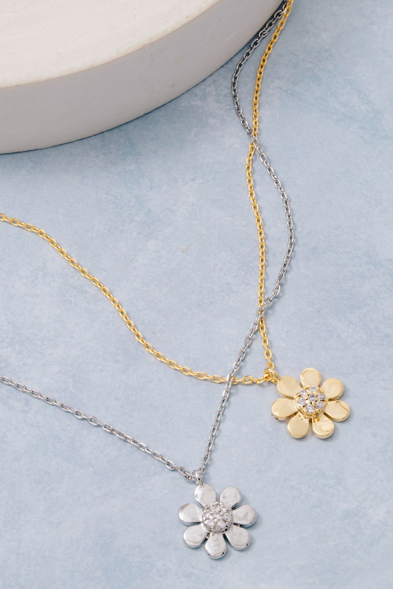 Gold Dipped Cz Flower Blossom Pendant Necklace
