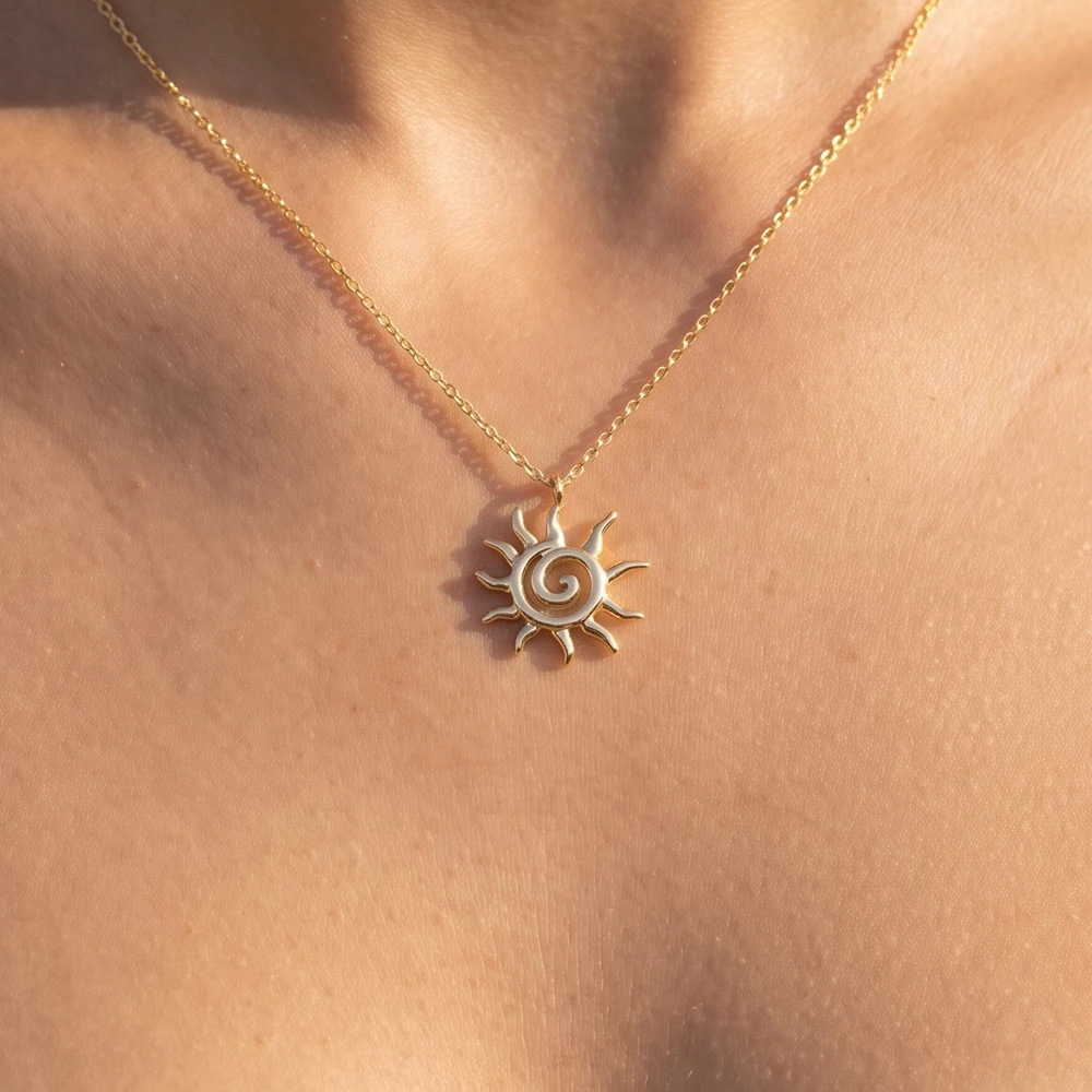 18K Gold Dipped Spiral Sun Pendant Necklace