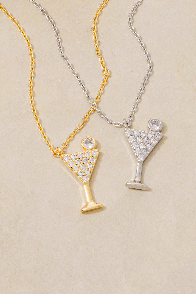 Gold Dipped Pave Martini Glass Pendant Necklace