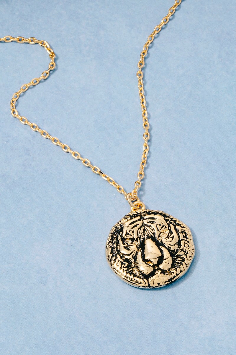 Gold Dipped Antique Apex Tiger Face Pendant Necklace