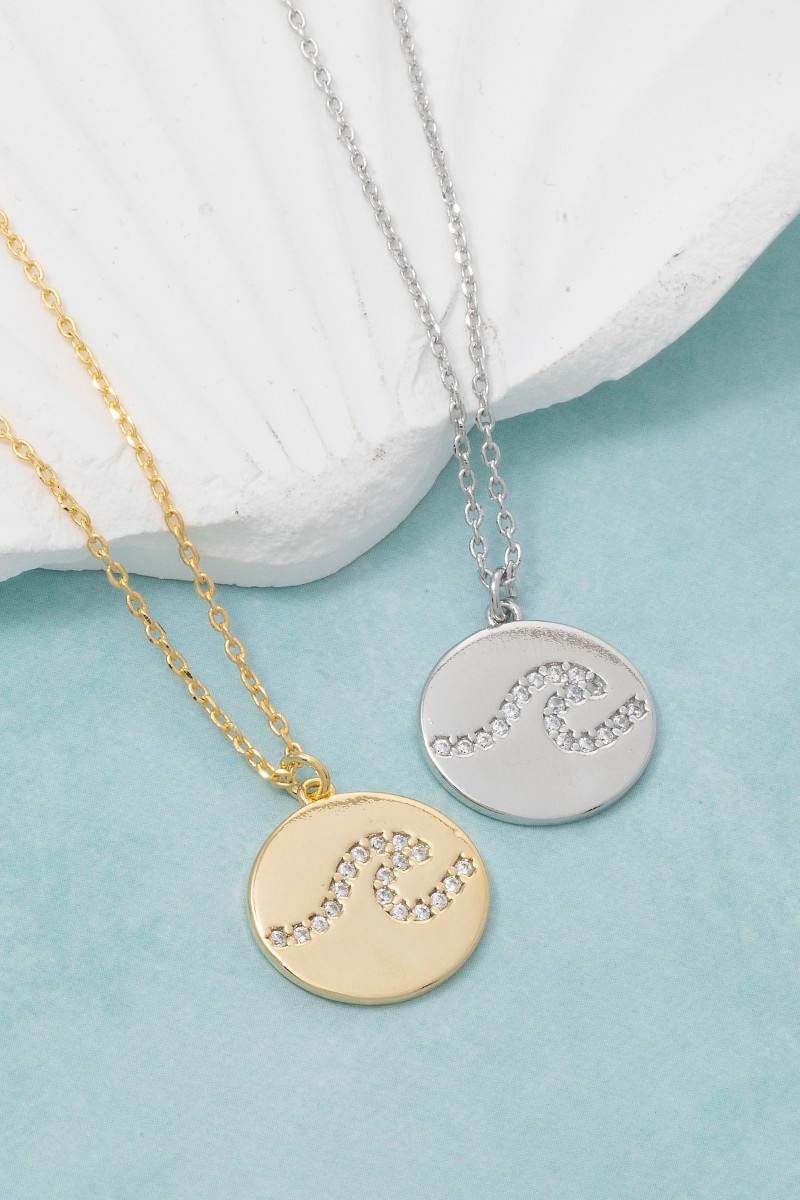 Gold Dipped Cz Pave Wave Coin Pendant Necklace