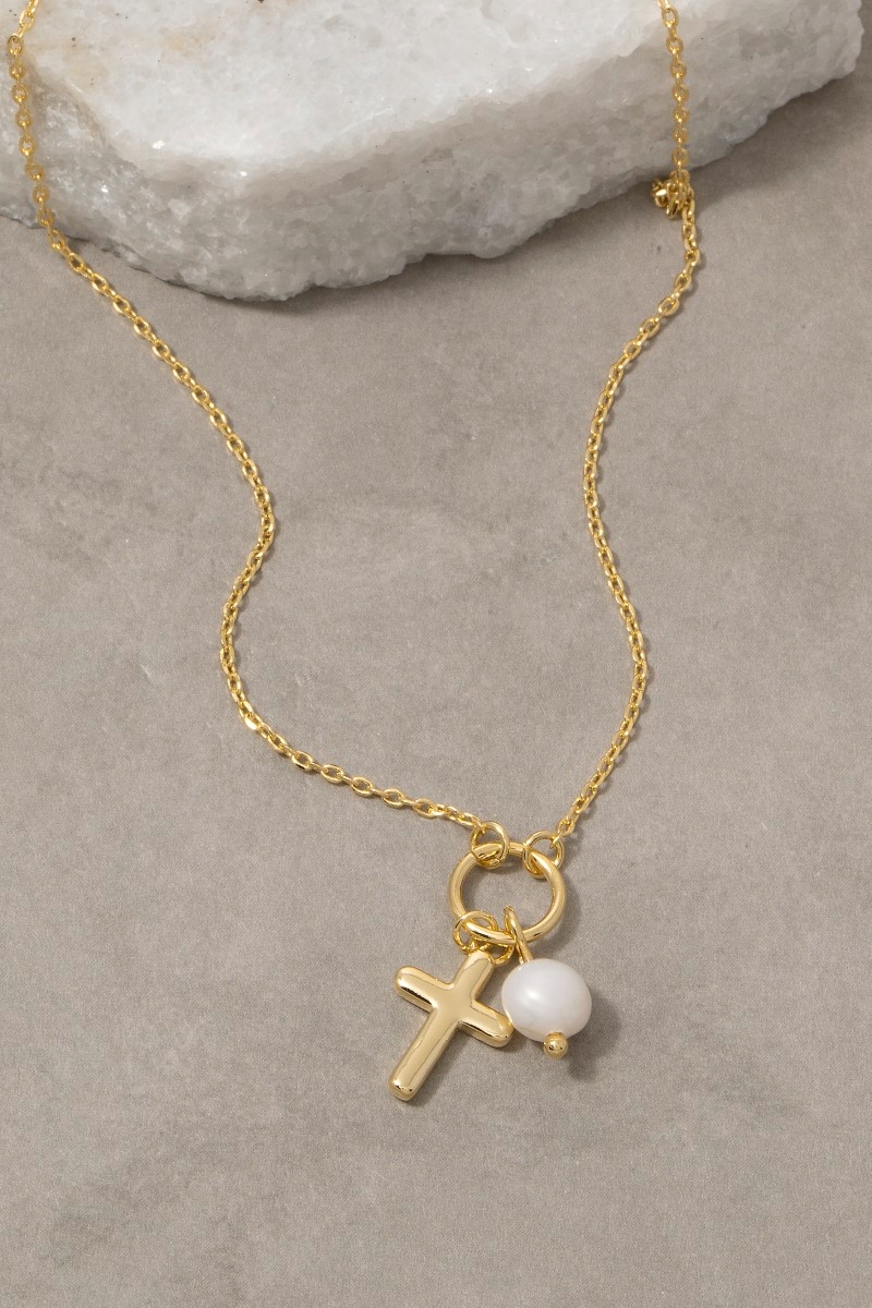 Gold Dipped Cross And Pearl Charms Necklace