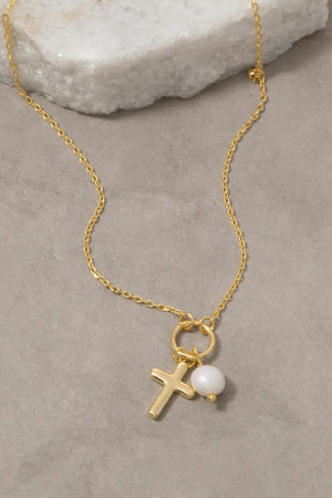 Gold Dipped Cross And Pearl Charms Necklace