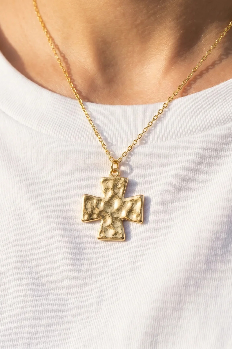 18K Gold Dipped Hammered Greek Cross Necklace