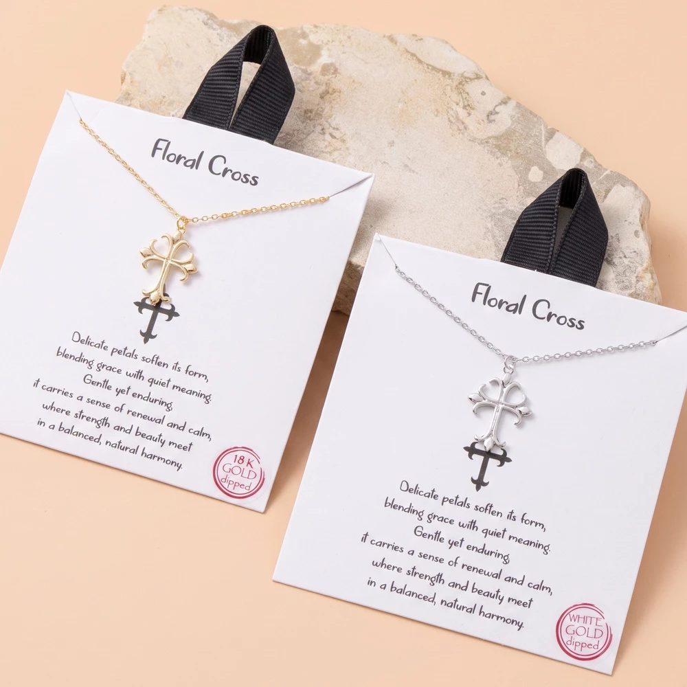 18K Gold Dipped Floral Cross Pendant Necklace