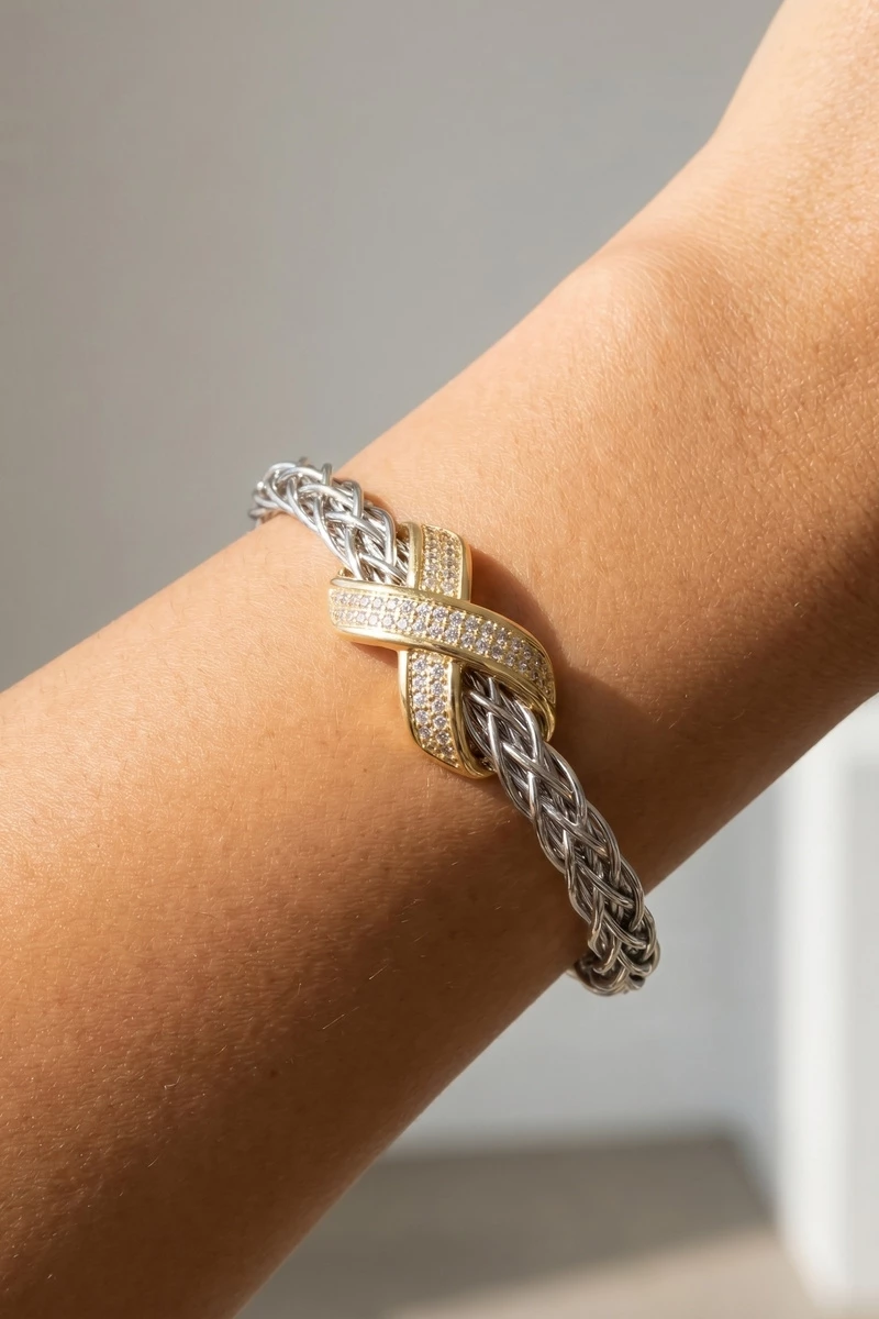 Woven Cable Cz X Station Cuff Bracelet