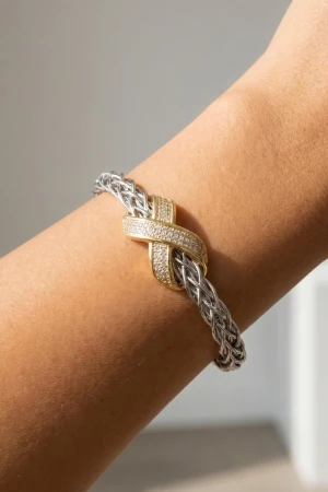 Woven Cable Cz X Station Cuff Bracelet