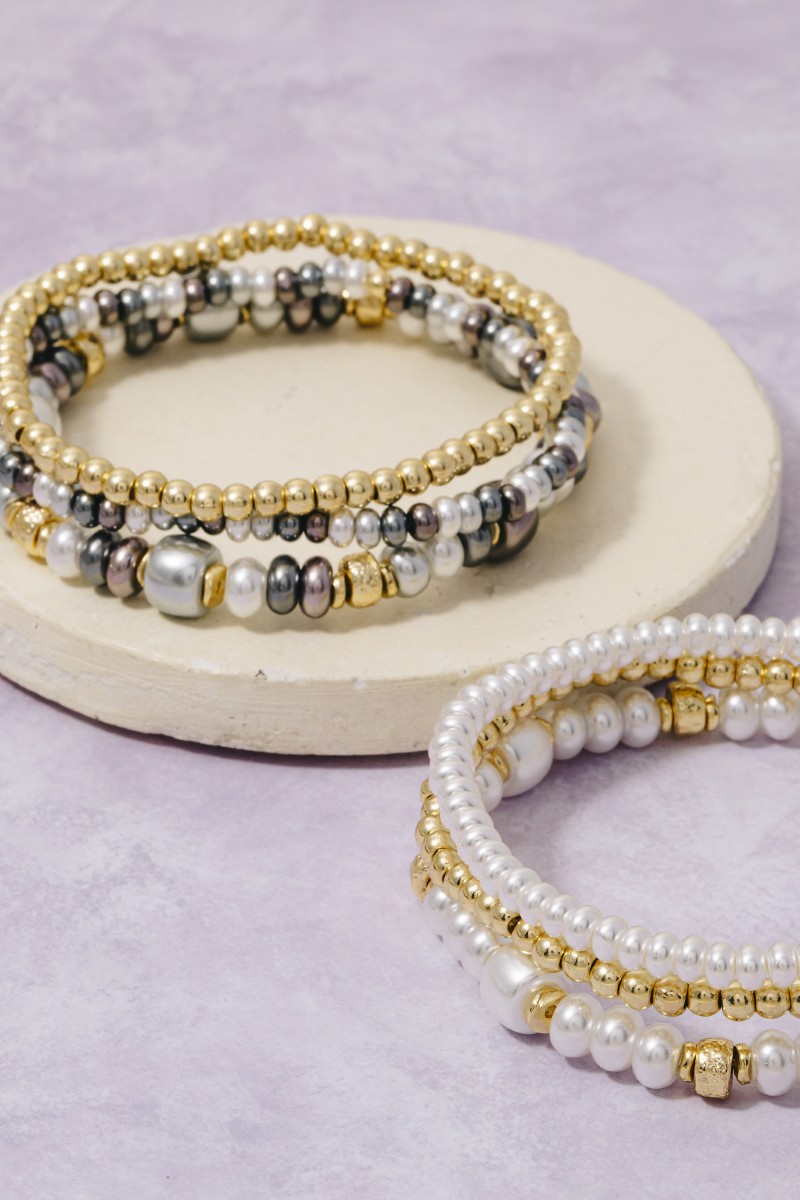 Mixed Pearl And Metallic Beaded Bracelet Set