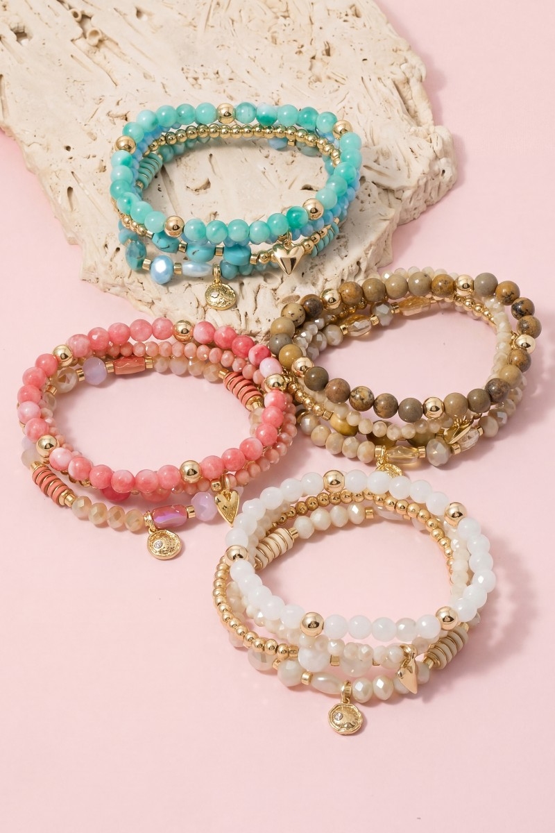 Beaded Stone Stretch Bracelet Set With Gold Heart & Coin Charms