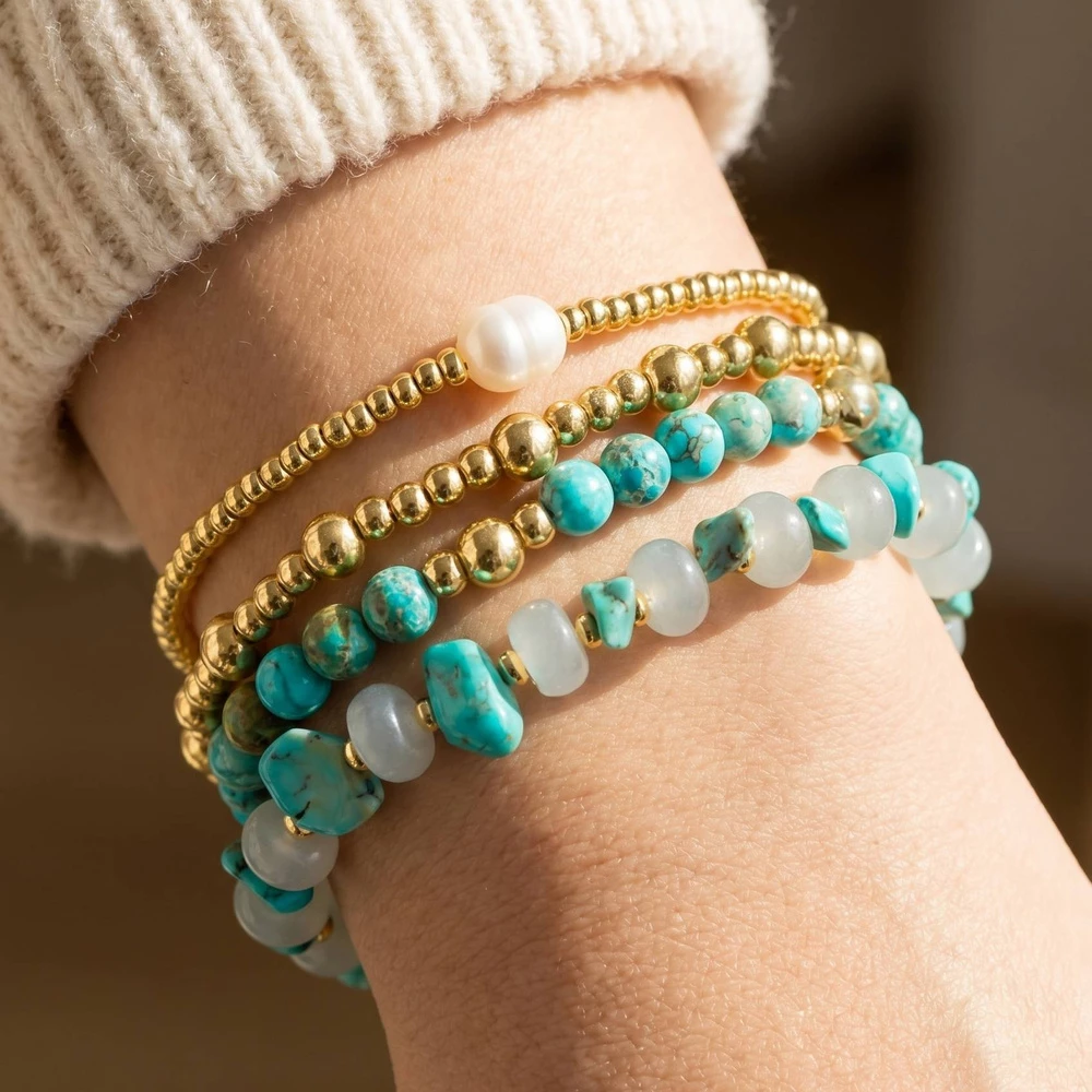 Agate Semi Precious Stone Gold Bead Bracelet Set