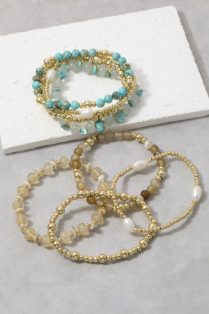 Agate Semi Precious Stone Gold Bead Bracelet Set