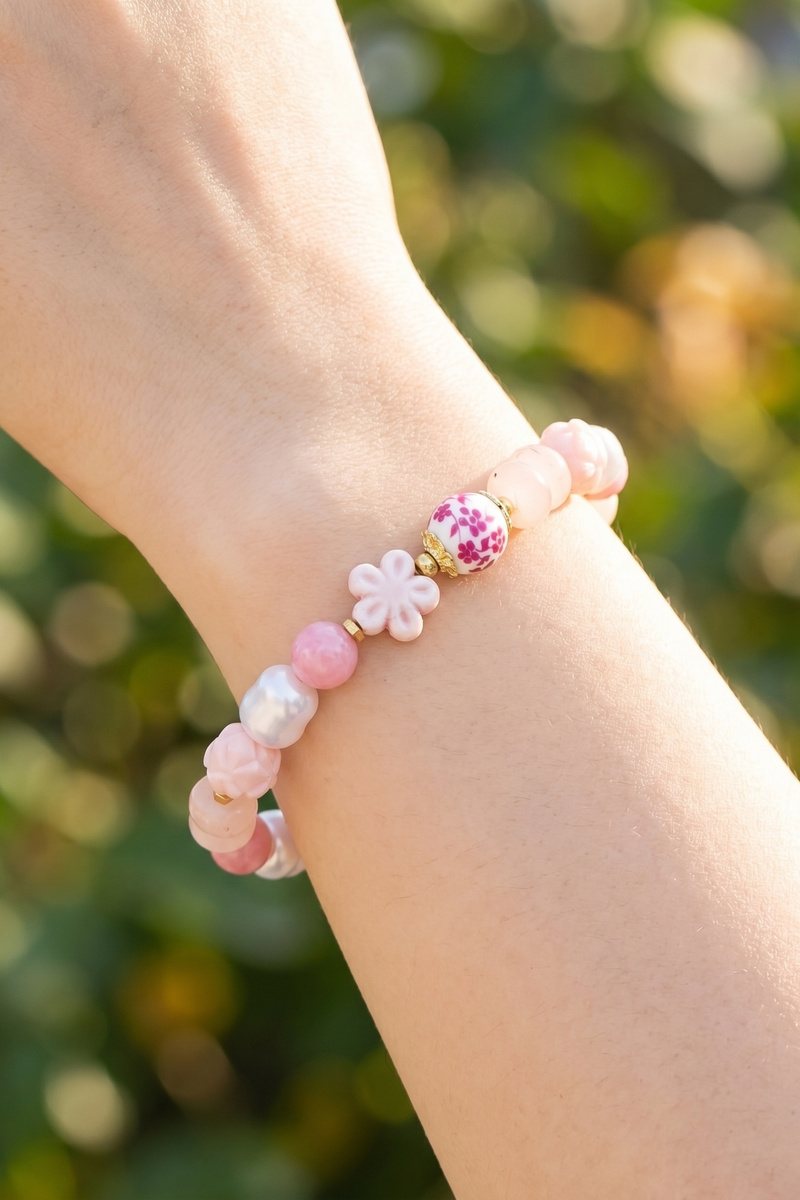 Floral Ceramic Mixed Bead Stretch Bracelet