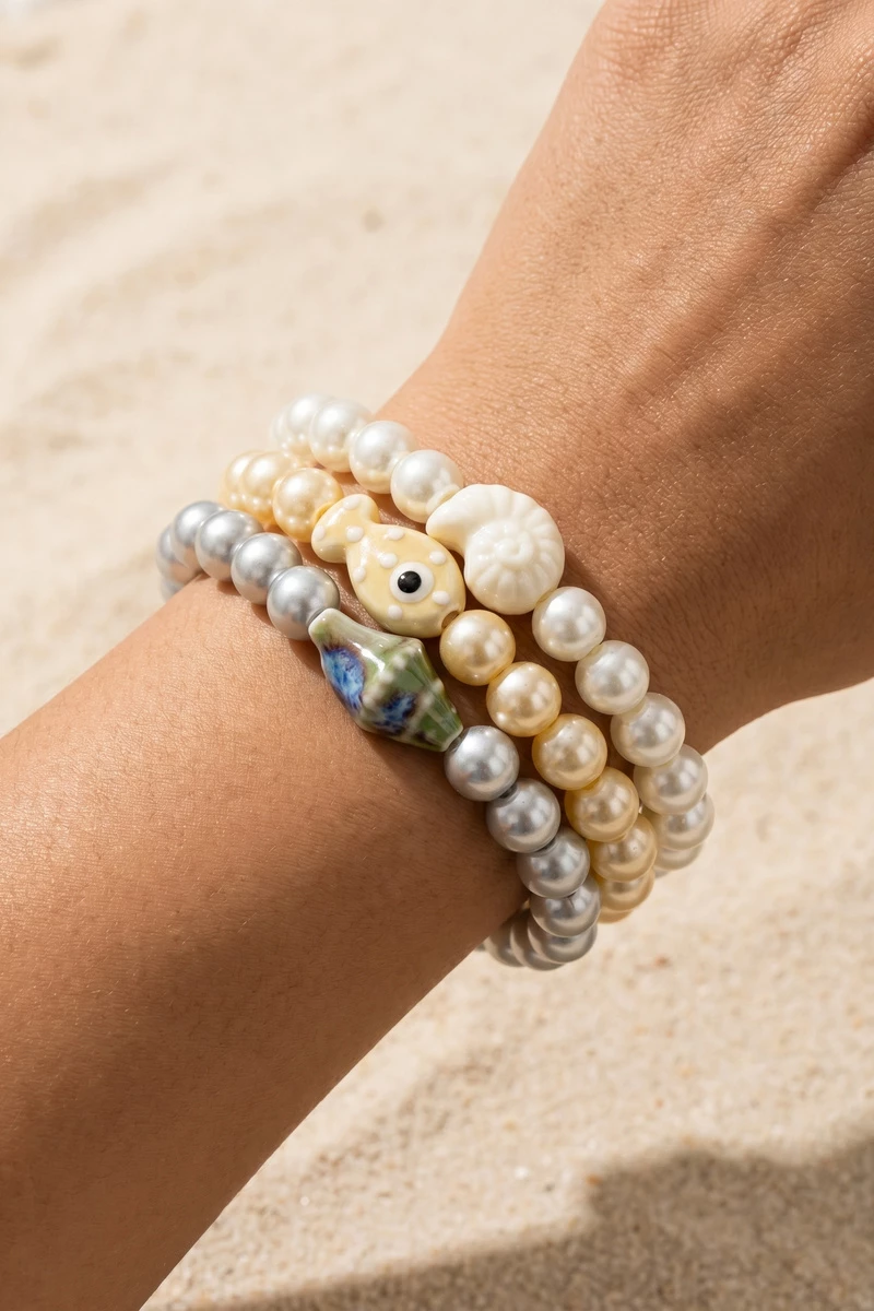 Glass Pearl Shell Beaded Stretch Bracelet