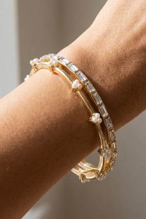 Baguette Crystal And Pearl Bangle Bracelet