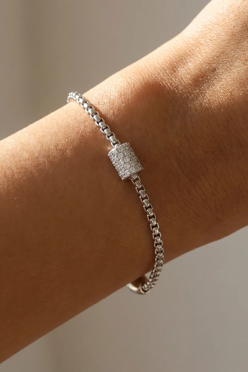 Cz Pave Barrel Charm Box Chain Bracelet