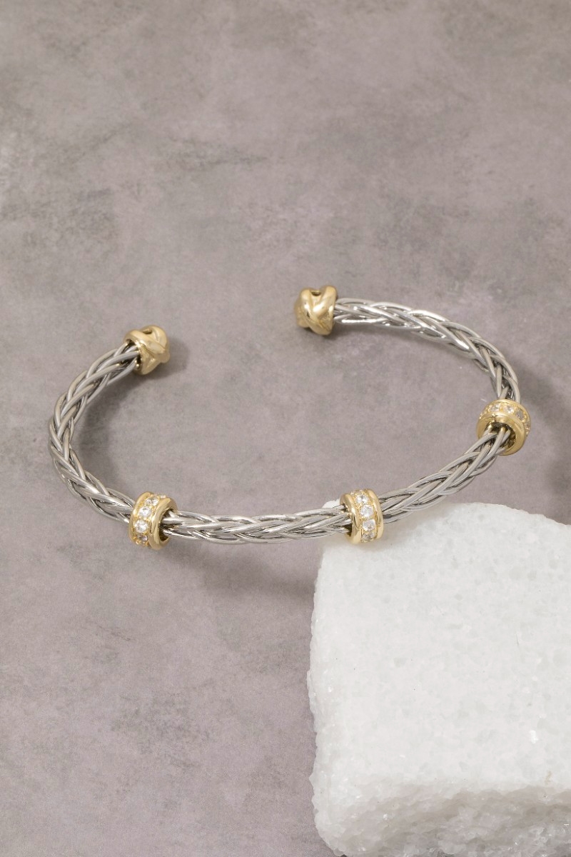 Two Tone Cz Wheat Chain Cuff Bracelet