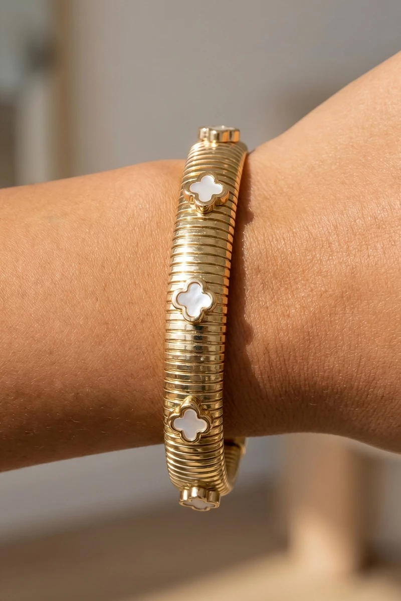 Mother Of Pearl Clover Station Cuff Bracelet