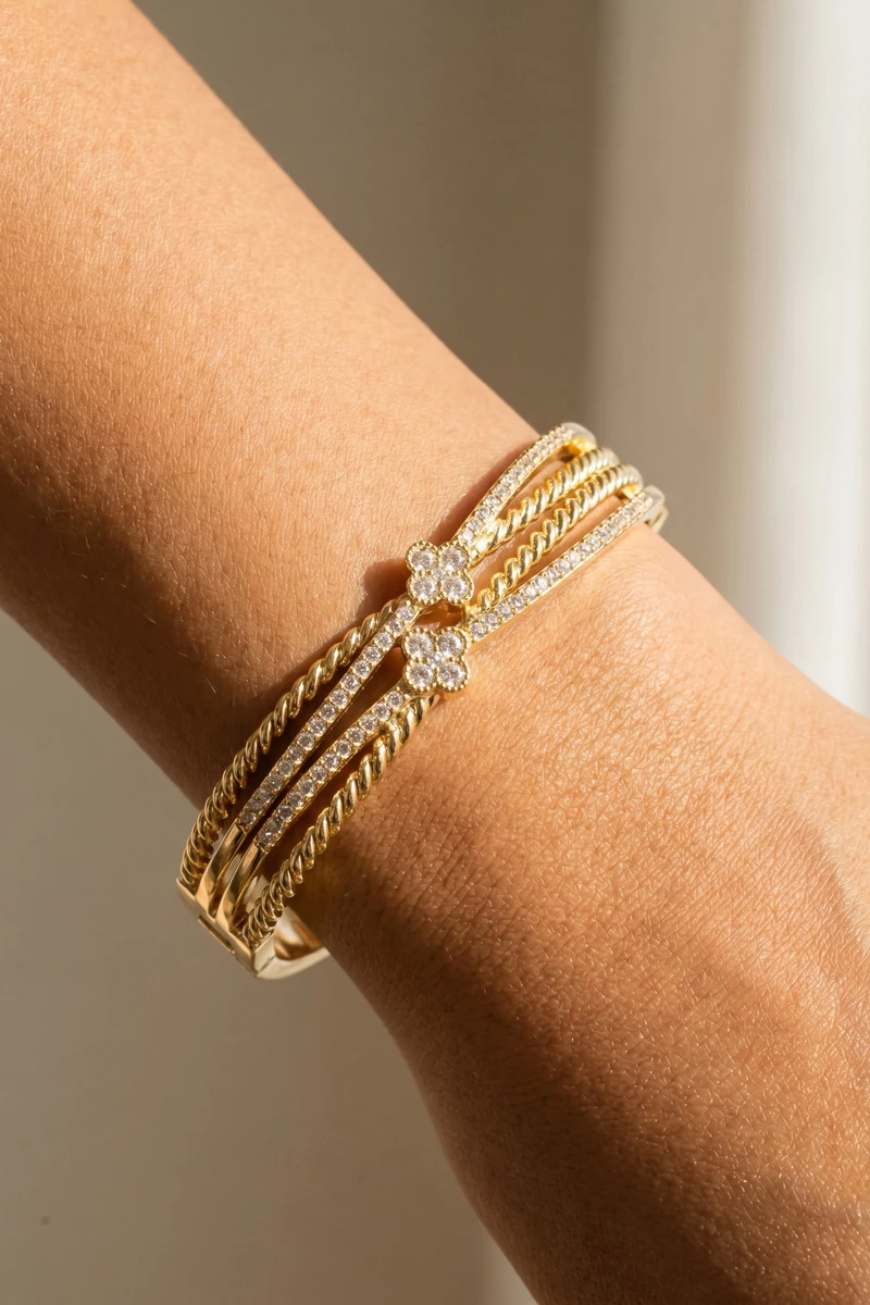 Triple Row Hinged Bangle With Cz Clover Accent