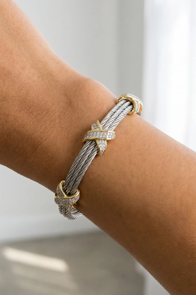 Two Tone Cable Cuff Bracelet With Cz X Connector
