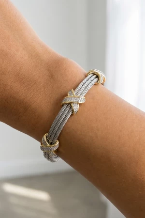 Two Tone Cable Cuff Bracelet With Cz X Connector