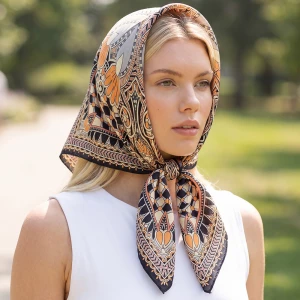Art Deco Fan Print Satin Square Bandana Scarf