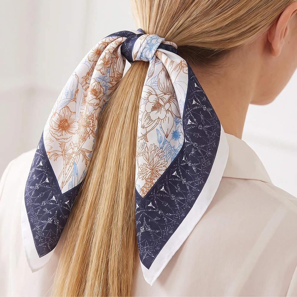 Botanical Line Print Satin Square Bandana Scarf