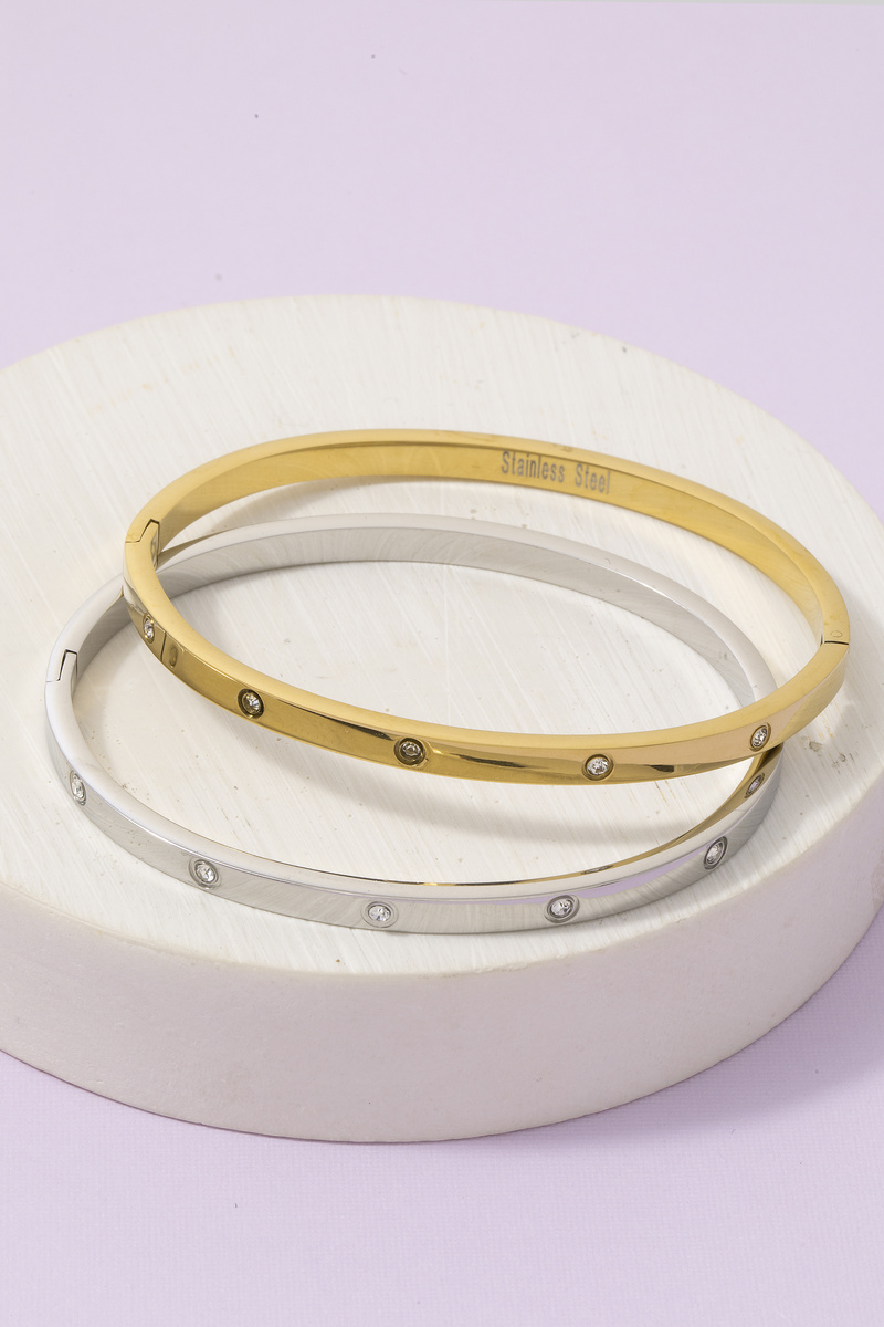 Stainless Steel Round Cz Station Bangle Bracelet
