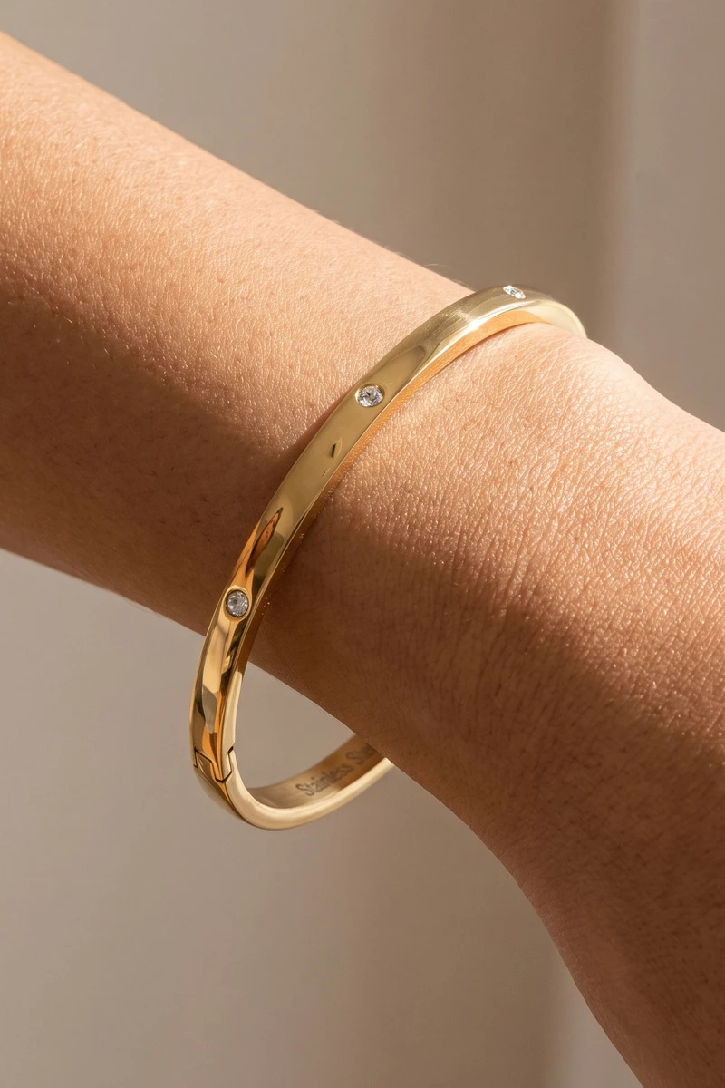 Stainless Steel Flush Set Cz Hinged Bangle Bracelet