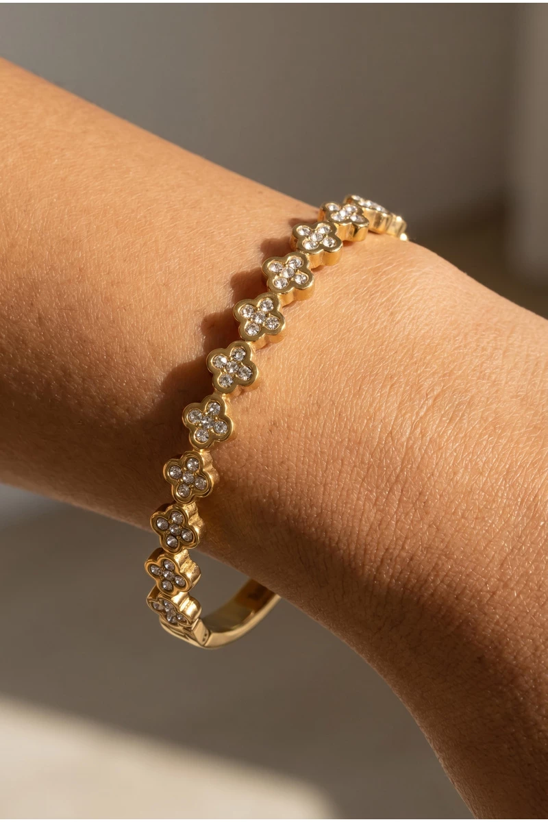 Stainless Steel Cz Clover Bangle Bracelet