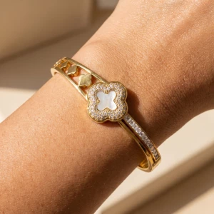 Clover Bangle Bracelet With Pave Cz Halo