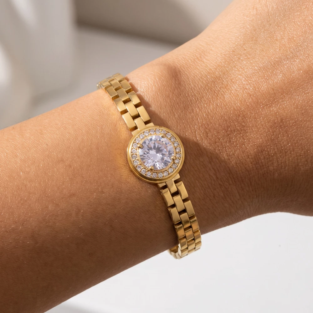 Watch Link Bangle Bracelet With Round Cz Bezel