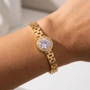 Watch Link Bangle Bracelet With Round Cz Bezel