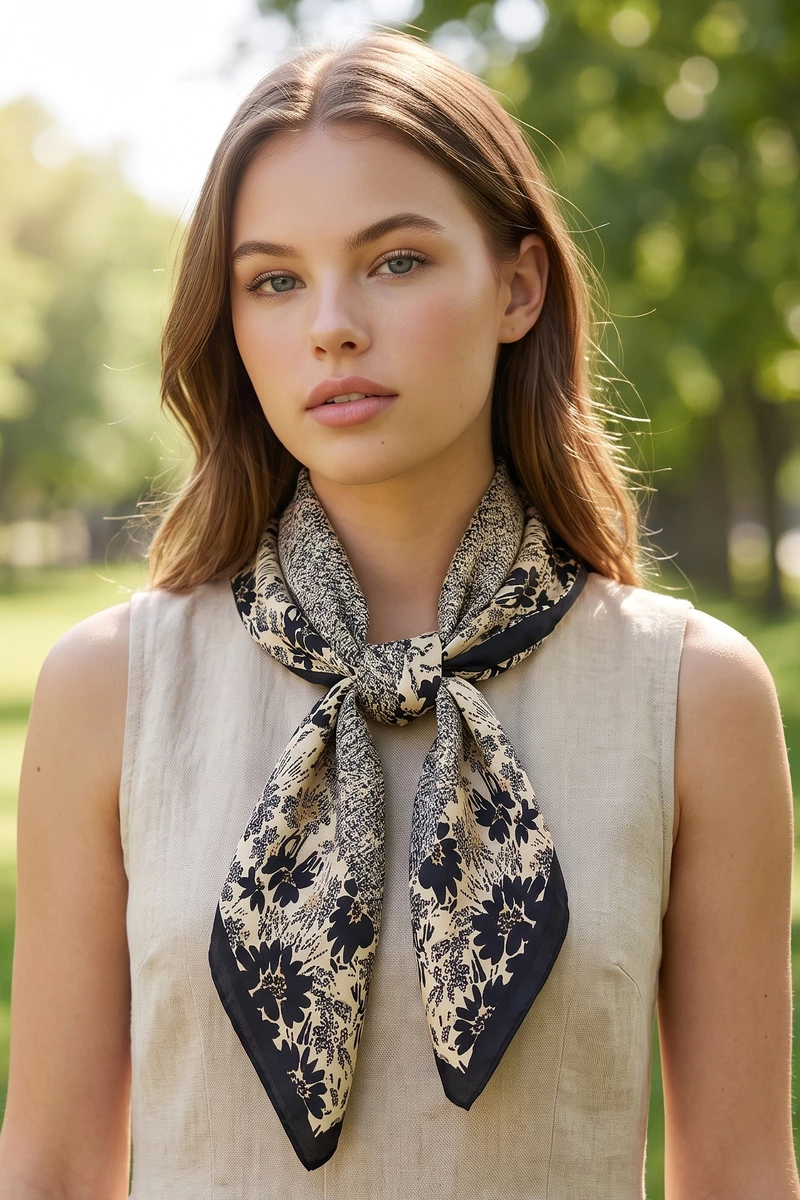 Floral Border Speckled Panel Square Scarf