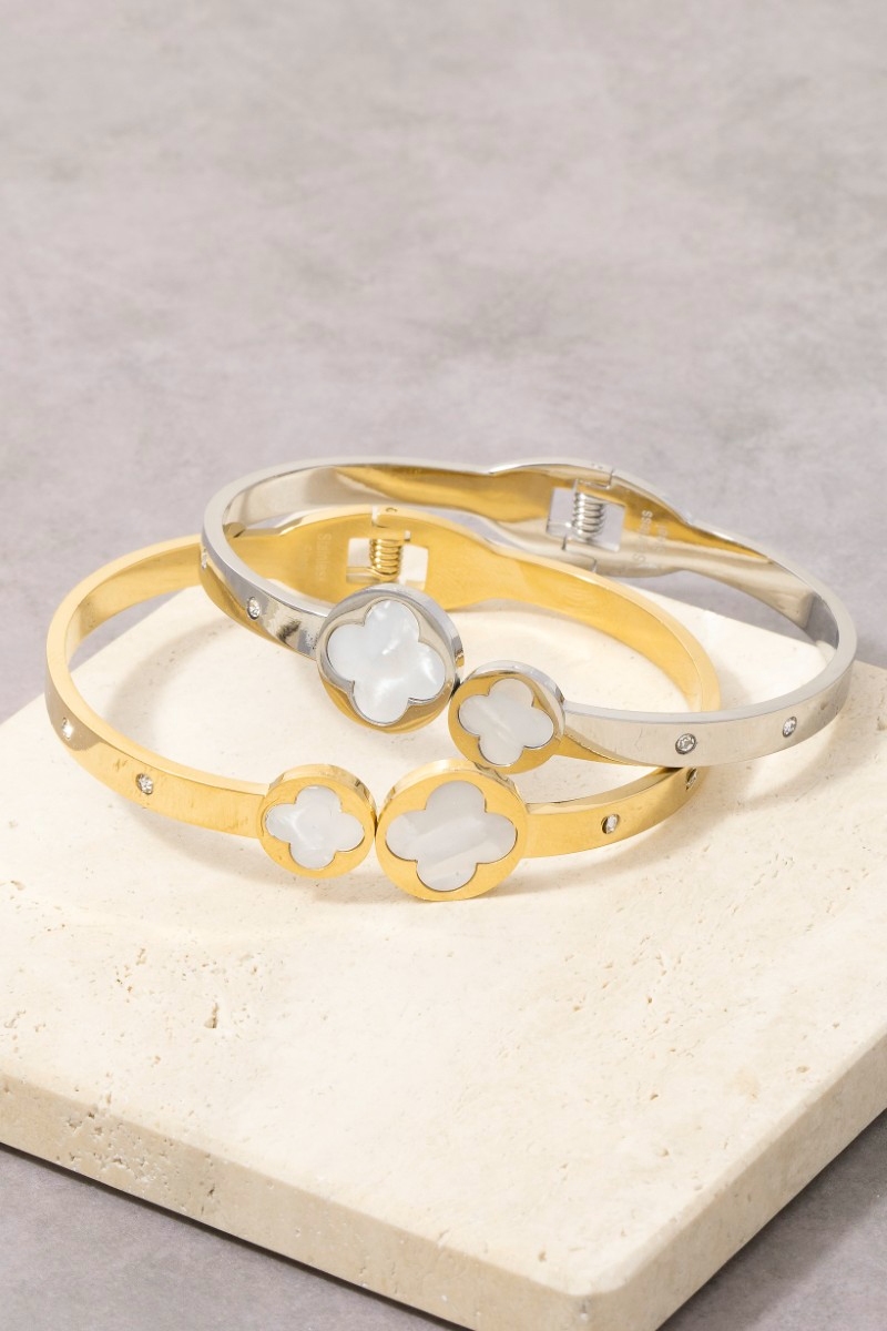 Stainless Steel Mother Of Pearl Clover Ends Hinge Bangle Bracelet