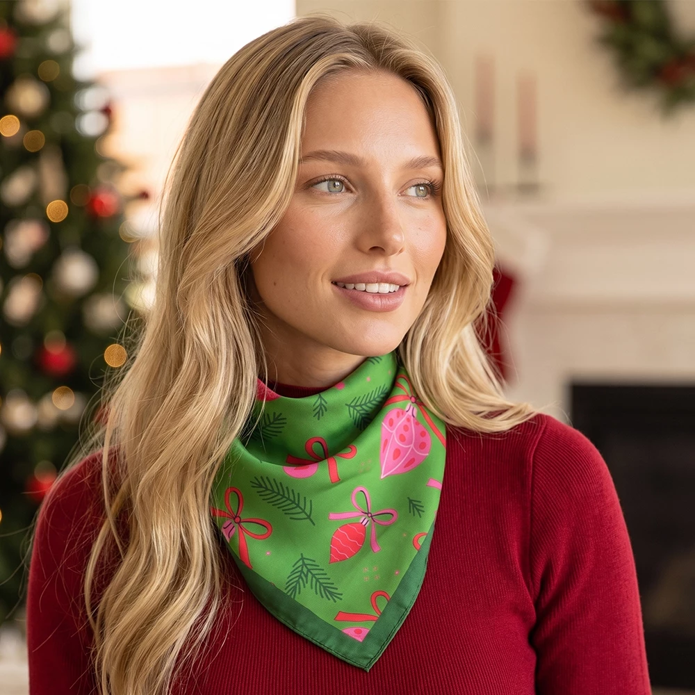 Christmas Ornament And Bow Print Satin Bandana