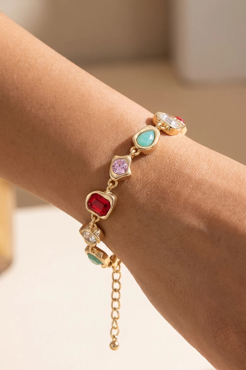 Organic Bezel Crystal Stone Link Bracelet