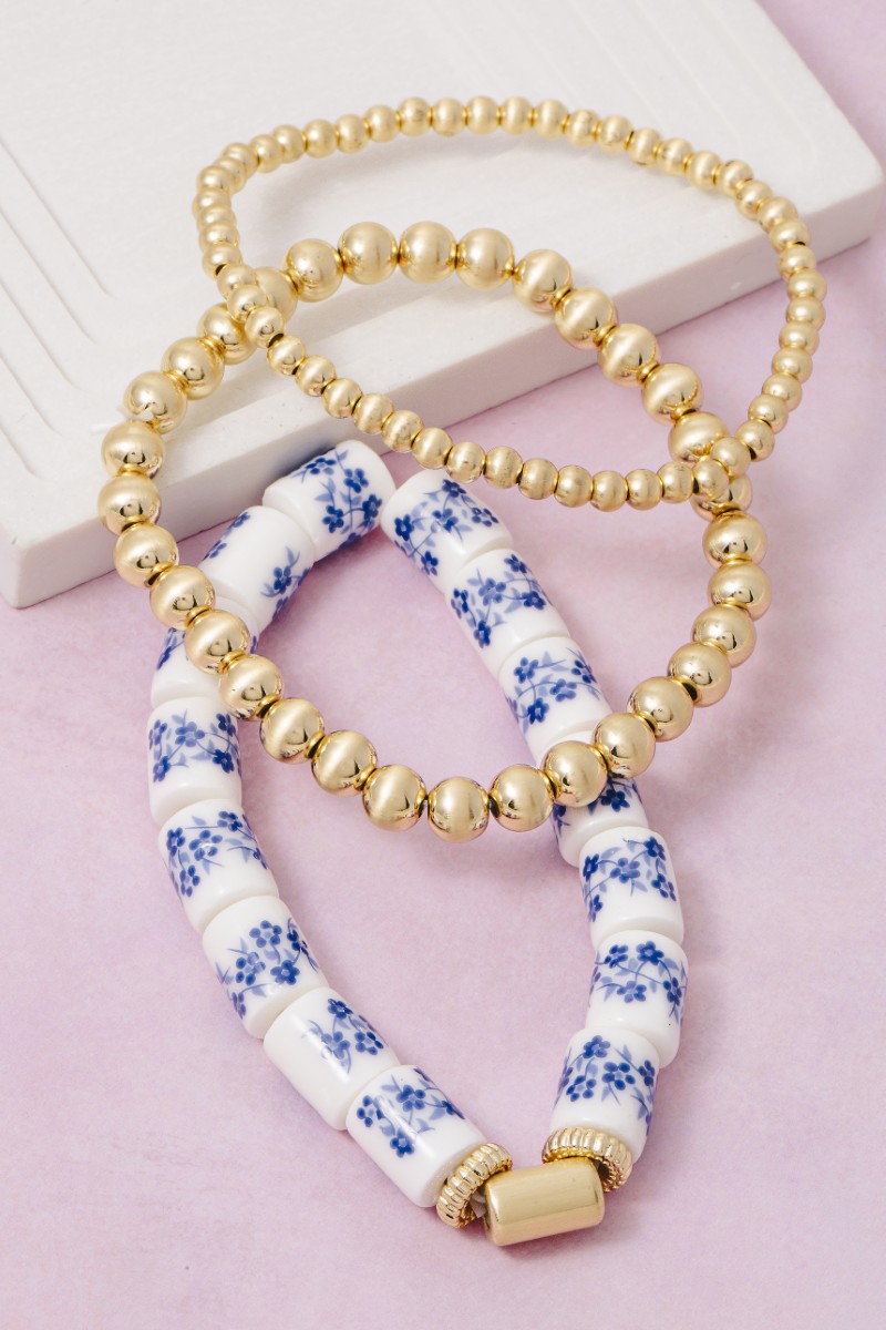Floral Ceramic And Metallic Beaded Bracelet Set