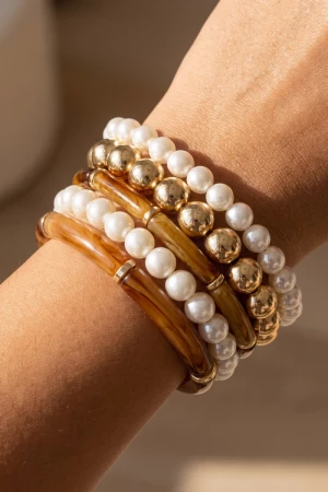 Pearl And Bamboo Bead Stretch Bracelet Set