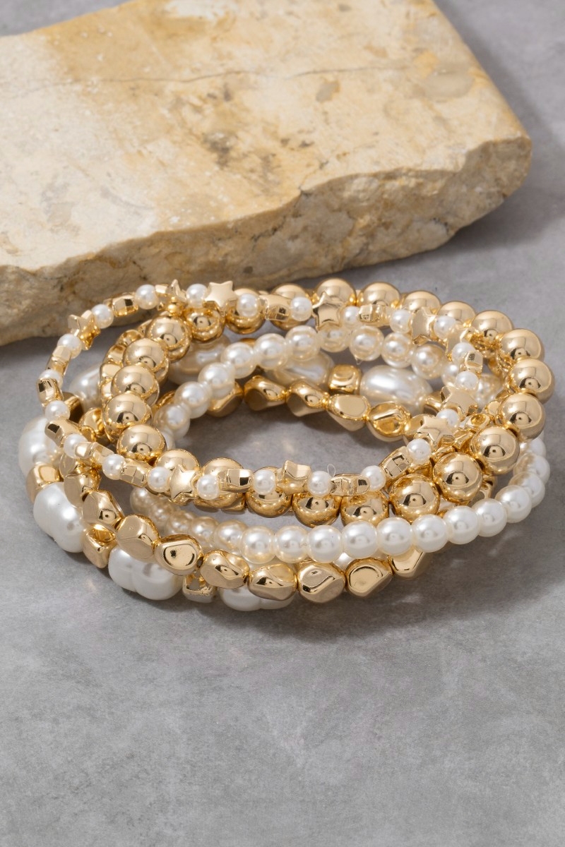 Metallic And Pearl Beaded Elastic Bracelet Set