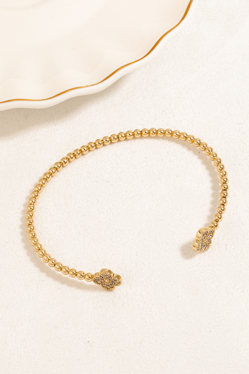 Double Cz Pave Clovers Solid Ball Bead Cuff Bracelet